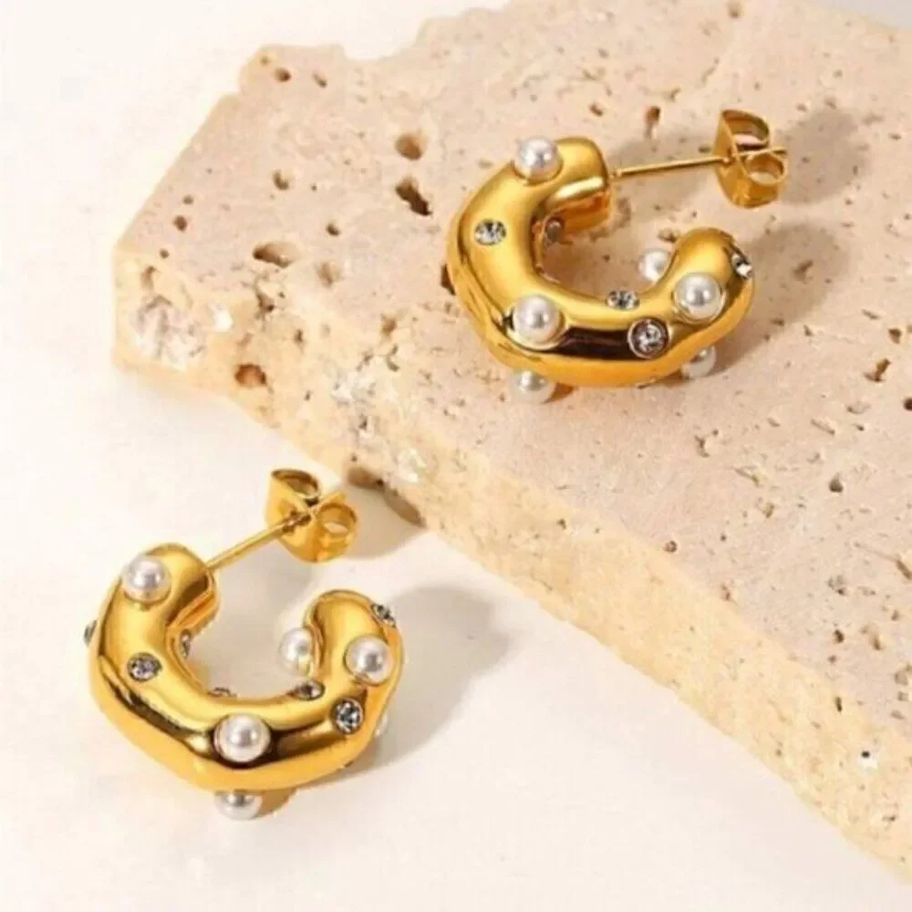 Gold Cuff Rhinestone Pearl Stainless Steel Shiny Inlaid Hoop Earrings